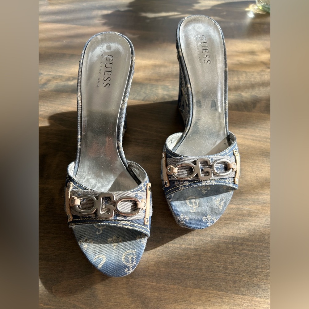 Guess Denim Logo Platform Mules with Gold-Tone Hardware